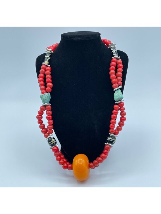Rare Jewelry - Tibetan Necklace Sherpa Butterscotch Amber and "Coral" Wound Beads RARE Vintage